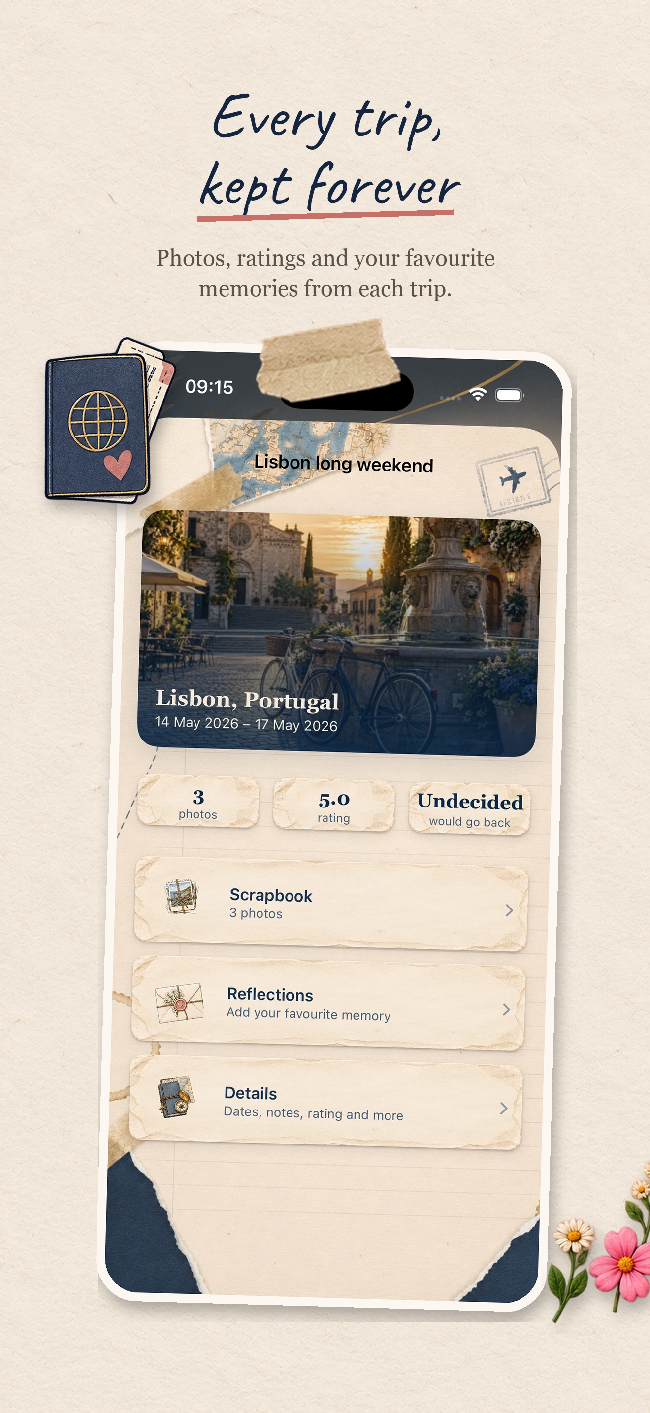 Tovia trip page showing photos, scrapbook, reflections and details
