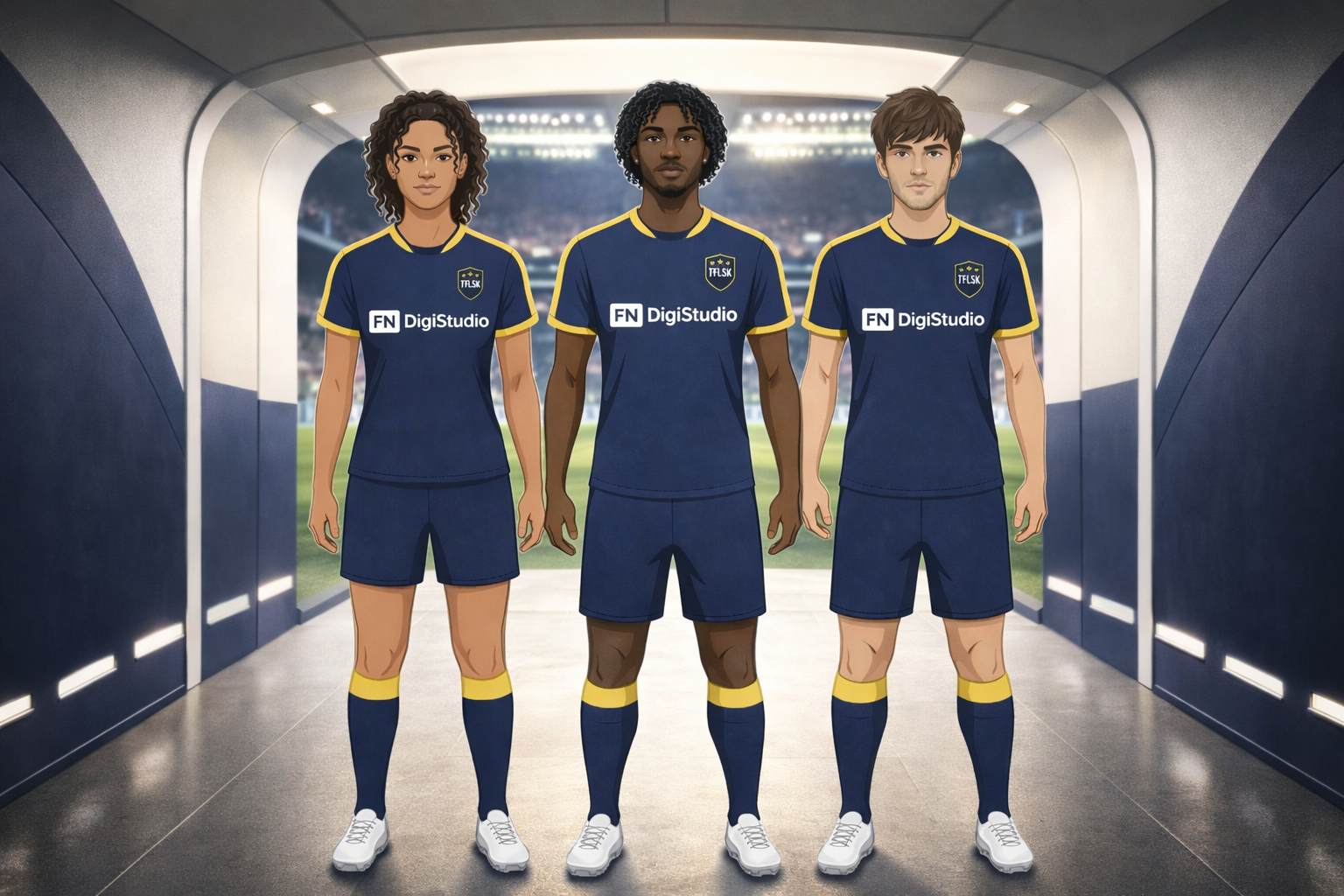 Illustration of three TFLSK footballers in the tunnel