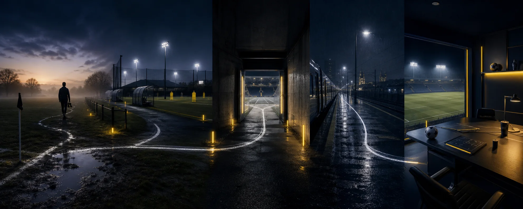 From a misty Sunday League pitch, through an academy training ground and a stadium tunnel, to a street abroad and a desk overlooking a floodlit pitch