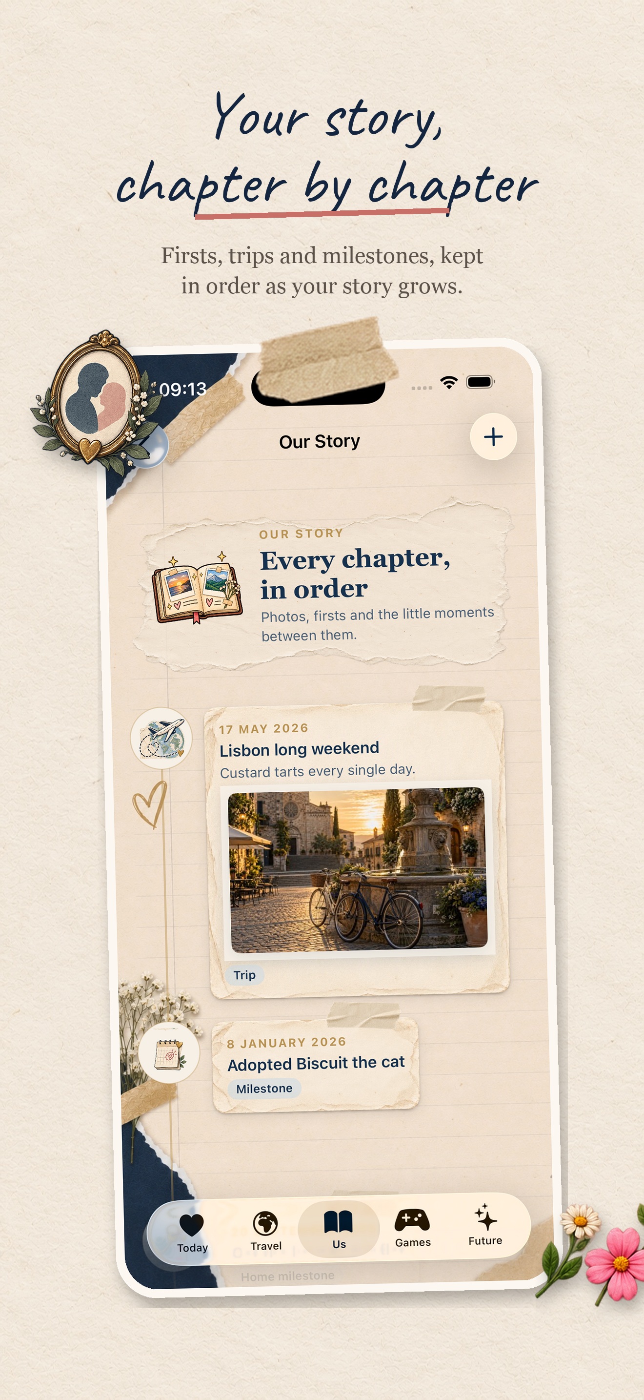 Tovia Our Story screen with saved trips and milestones