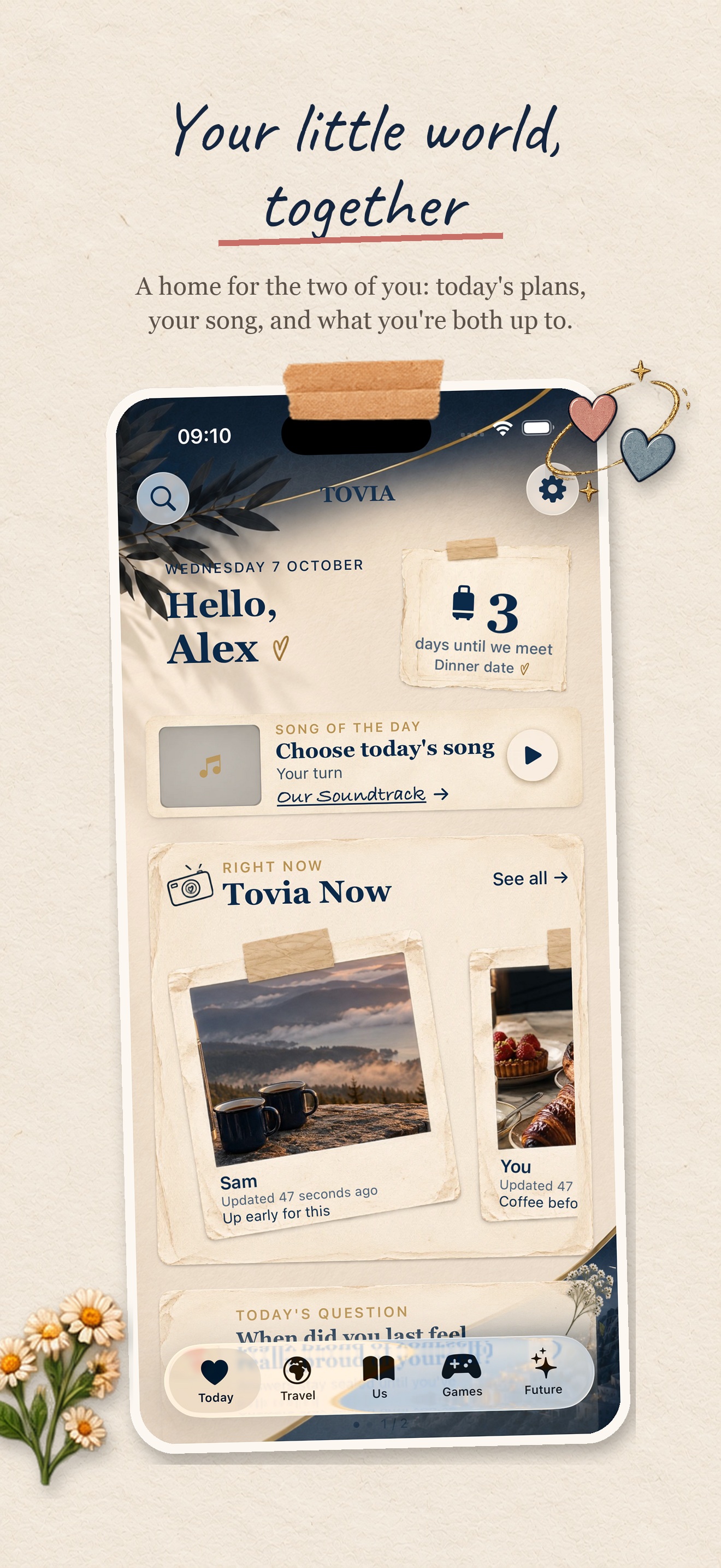 Tovia Today screen with shared plans and photo updates
