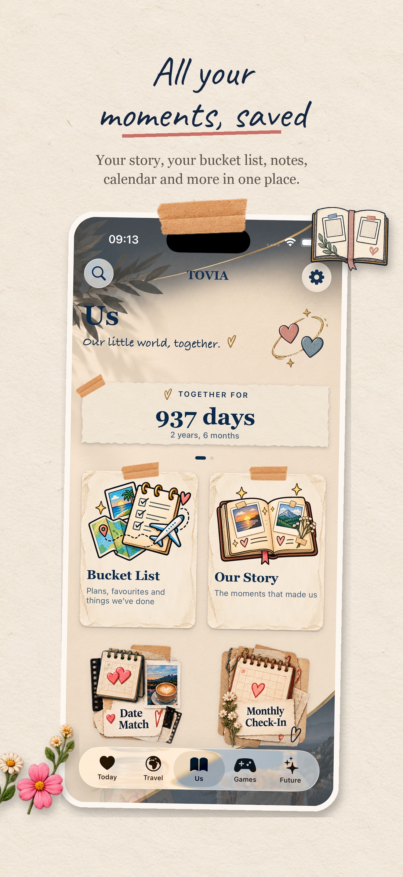 Tovia Us screen with memories, bucket list and activities